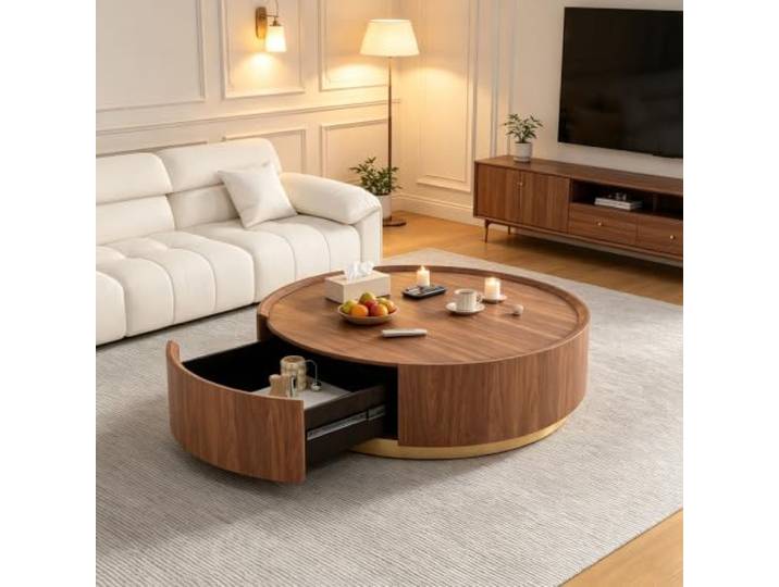 LOVEHOUGES Runder Couchtisch mit versteckter Aufbewahrung Moderner Trommel-Mitteltisch, stabile Basis, einfache Montage, für Wohnzimmer, Wohnung, Heimbüro