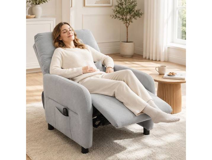 Fauteuil relax inclinable chauffant gris en bouclette 8 points de vibration repose-pieds poches latérales salon
