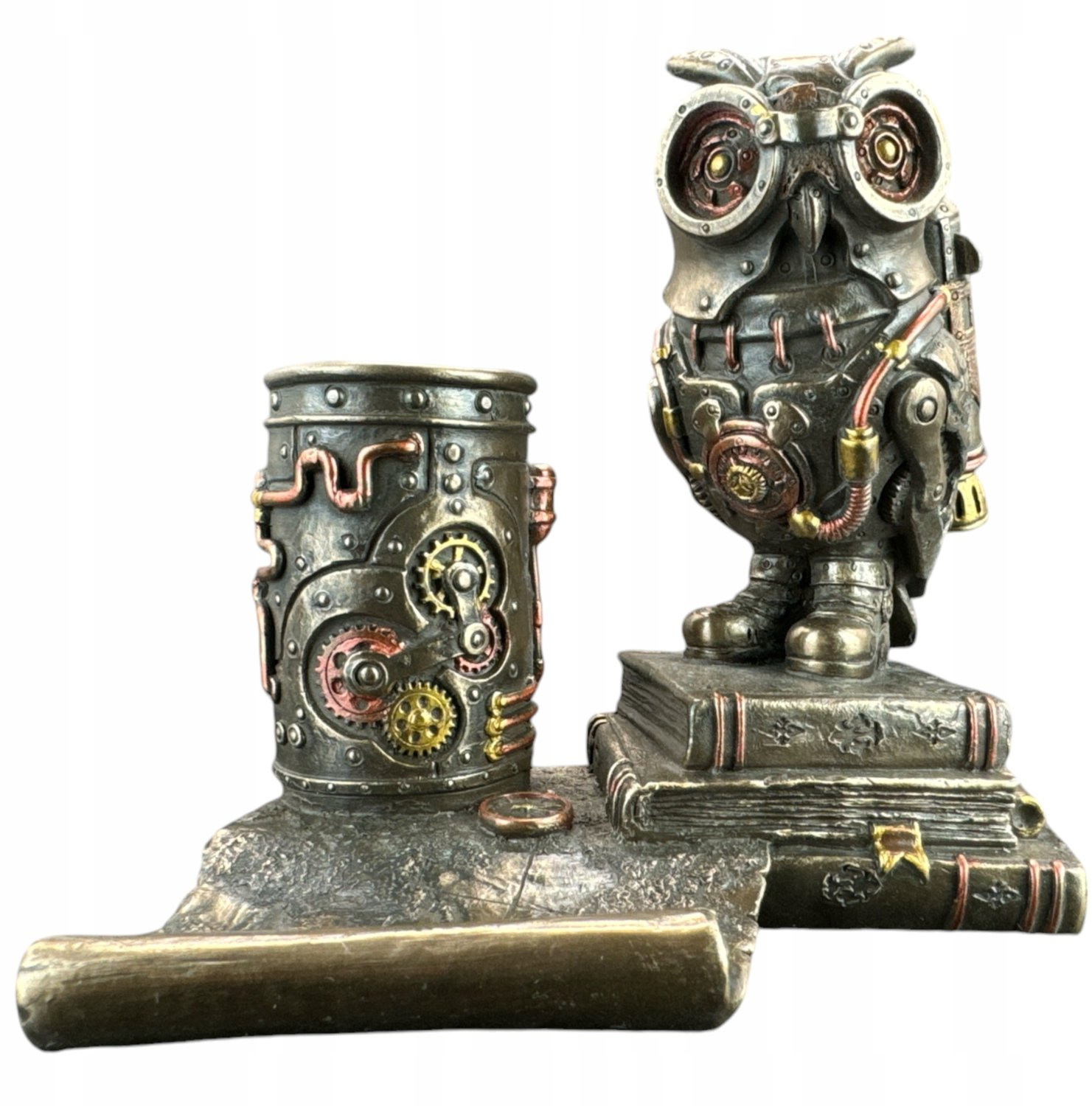 Steampunk Uil Standbeeld - Handgeschilderde Telefoon- en Pennenhouder