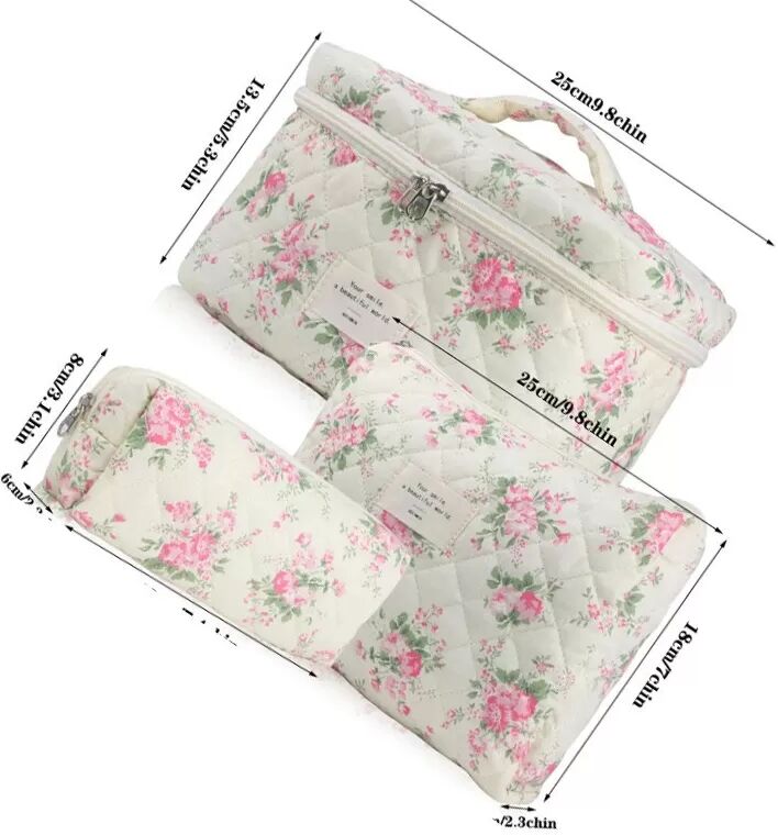 INF 3-teiliges tragbares, gestepptes Kosmetiktaschen-Set mit Blumenmuster – Leichter & erweiterbarer Reise-Kosmetik-Organizer Mehrfarbig 2