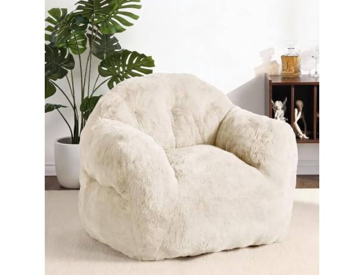 Thaookte Riesiger Bohnensack-Sessel mit Armlehnen – Weiches Kunst-Kaninchenfell, Hochdichter Schaumstoff, Ergonomisches Lounge-Sofa – Neutral-Farbton, 130x105x85 cm