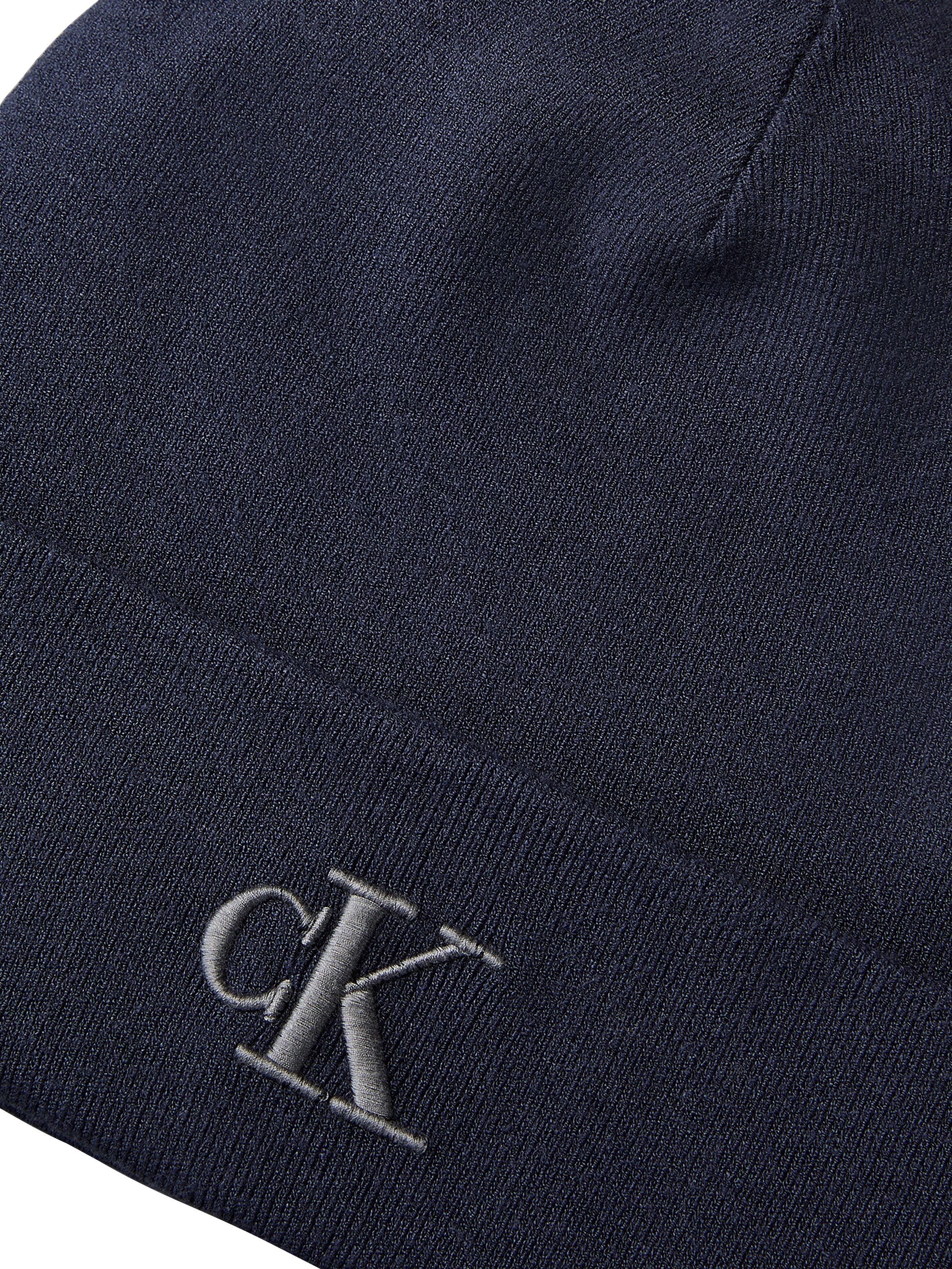 Strickmütze CALVIN KLEIN JEANS "CK FINE RIB BEANIE", Herren, blau (blau nights), Strick, Viskosemischung, Mützen Strickmütze, mit Markenlogo blau nights Einheitsgröße