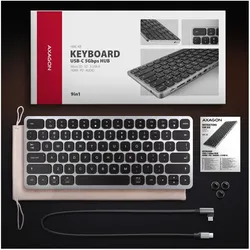 Axagon HMC-KB keyboard USB-C with HUB, microSD/SD, 3x USB-A, HDMI 4K/60Hz, PD, Audio, US layout (US, Kabelgebunden), Tastatur, Silber, Grau