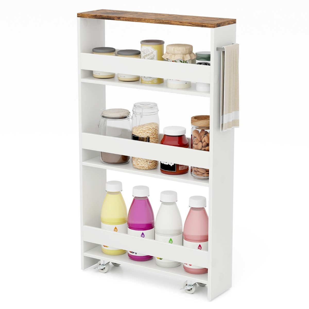 Costway Rolbare 4-Lagen Smalle Keuken Opslag Trolley met Zijhandvat en Planken, Wit