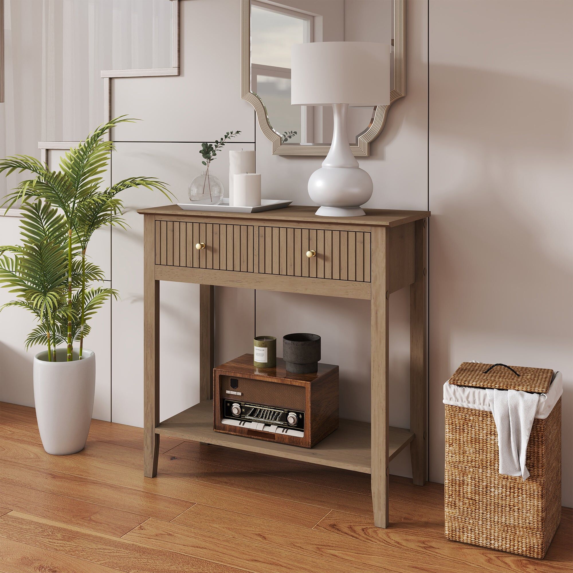 2 Drawer Console / Dressing Table - Hales Pale Wood Range Manufactured Wood, Metal