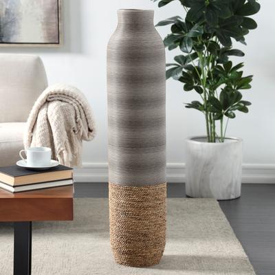 ARCILLA ELEMENTAL Brown Seagrass Handmade Ribbed Decorative Vase with Coiled Seagrass Base