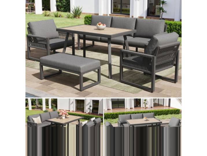 Mobilier de jardin extérieur design 6-7 places – grand canapé avec table à manger parfait pour balcon et terrasse