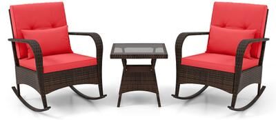 Costway 3 Pieces Outdoor Rocking Set with Tempered Glass Coffee Table for Backyard Poolside-Red