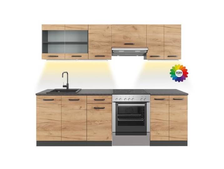 Vicco Küchenzeile R-Line , Goldkraft Eiche/Anthrazit 240 cm AP Schwarz gemustert mit LED-Leisten, mit modularen Elementen flexibel kombinierbar