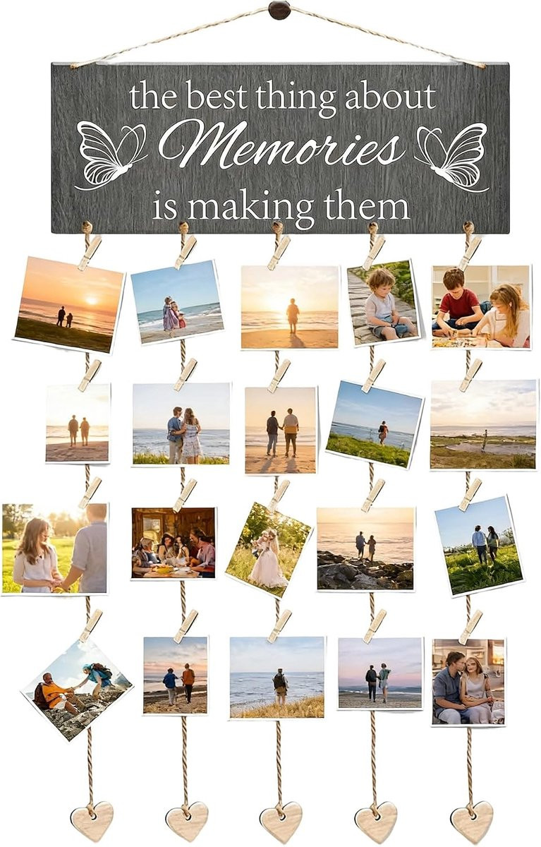 Creatieve fotohanger met 6 koorden, 20 houten klemmen en 5 hartjes voor het ophangen van foto's