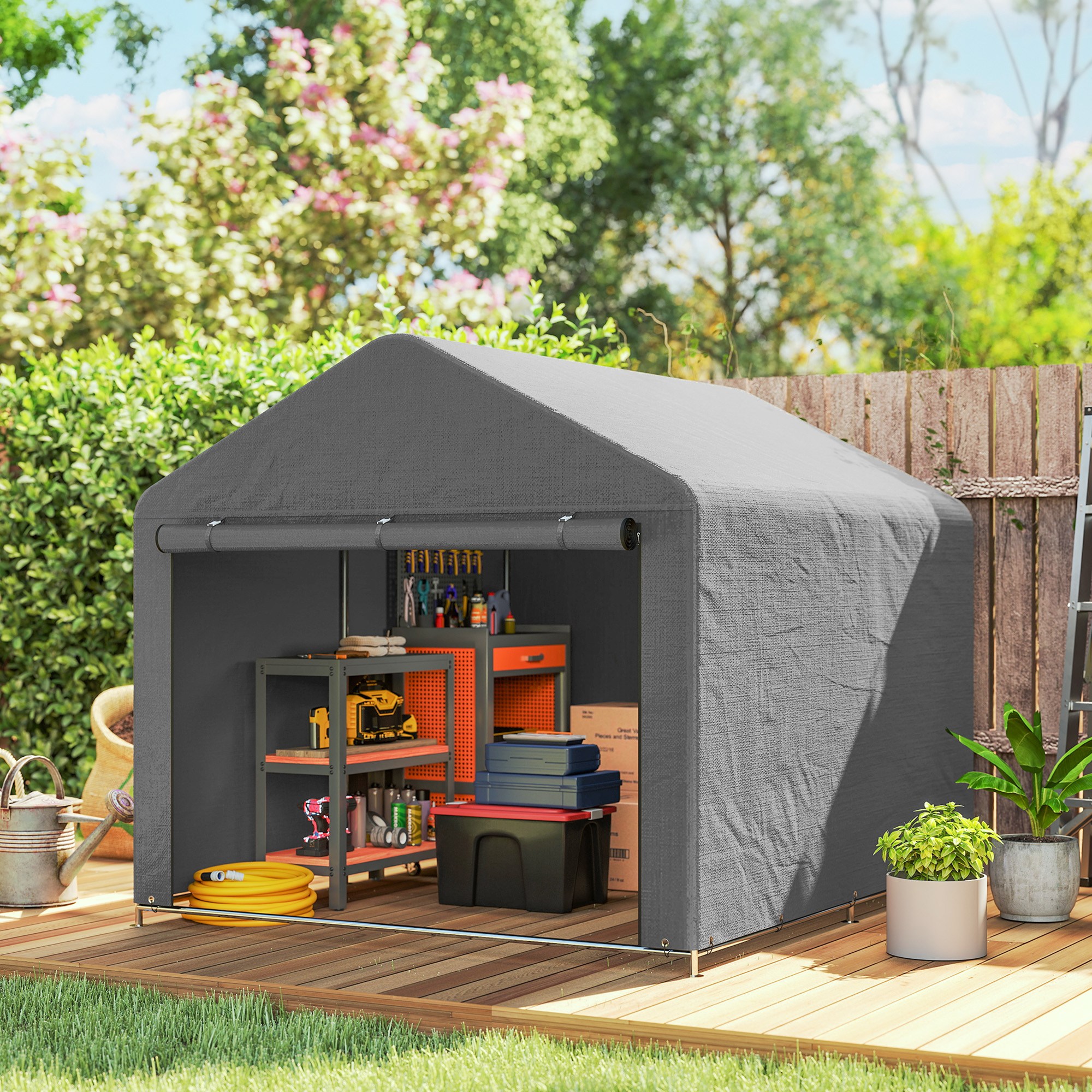 Outsunny Capanno da Giardino 2x2.4 m Impermeabile, Porta Avvolgibile e Telaio in Metallo, Grigio Chiaro   Aosom Italy