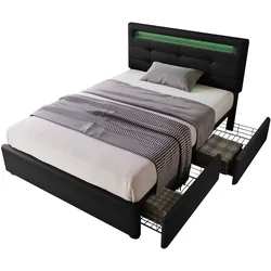 Polsterbett 90x200 mit LED-Beleuchtung, höhenverstellbarem Kopfteil, 2 Schubladen, inkl. Lattenrost, Stauraum & Fernbedienung Schwarz