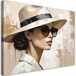 BILD auf Leinwand, Stilvolle Frau mit Hut und Sonnenbrille