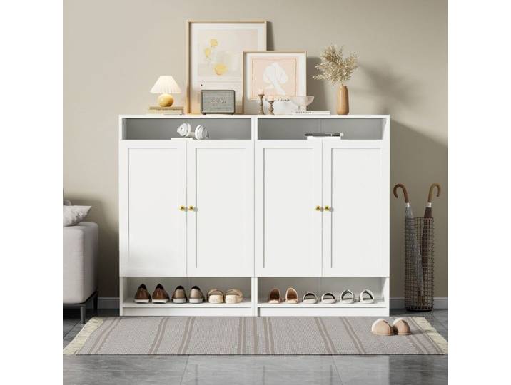 Meuble à chaussures - Meuble à chaussures blanc - 2 portes - Étagères réglables - Poignées dorées