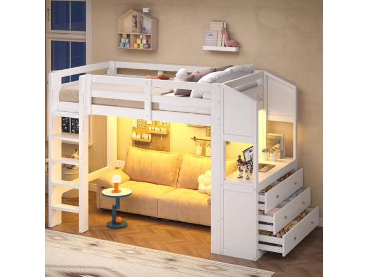 Hochbett 90x200 mit 6 Schubladen und Regalen, LED-Beleuchtung, weiß.