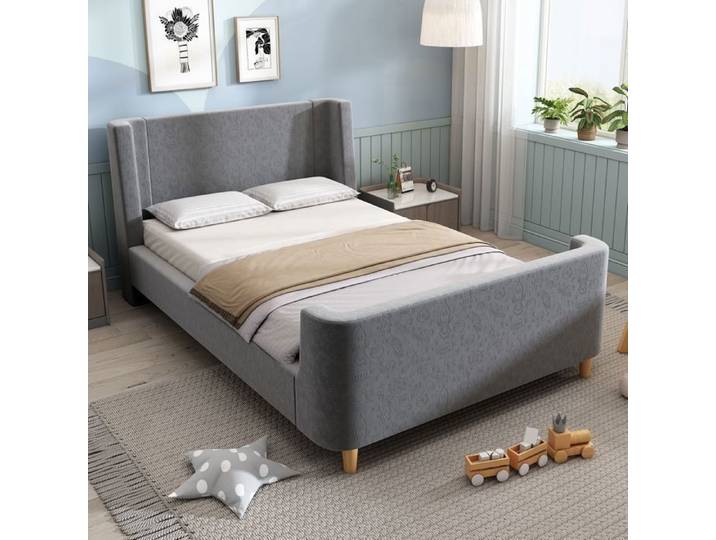 Maisentiel Lit enfant 1 place 90 x 200 cm en velours gris à motifs spatiaux sommier à lattes inclus