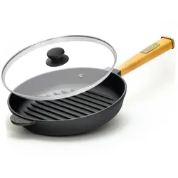 BRIZOLL Ø24cm Grillpfanne aus Gusseisen mit Glasdeckel Induktion Holzgriff Bratpfanne Pfanne