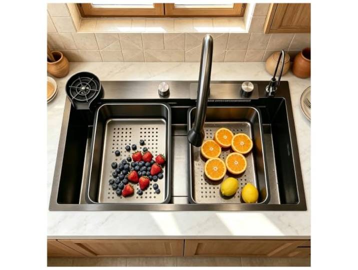 HZKSINNK 65x50cm Wasserfall Küchenspüle, 1 Becken Schwarz Multifunktional Edelstahl Barspüle,mit Ausziehbare Wasserhähne, Schneidebrett, Siphon, Über- und Ablauf-Set Komplettes Zubehör Aufsatzspüle