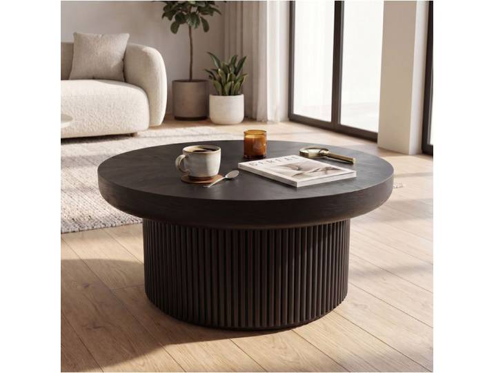 WUVRIE Table basse ronde 78 cm effet parquet bois base cylindrique rainurée plateau épaissi noir