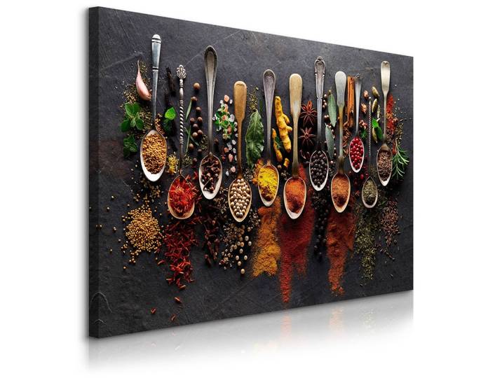 LEINWANDBILD Für Küche Gewürze Besteck Kräuter Natur 3D 90x60