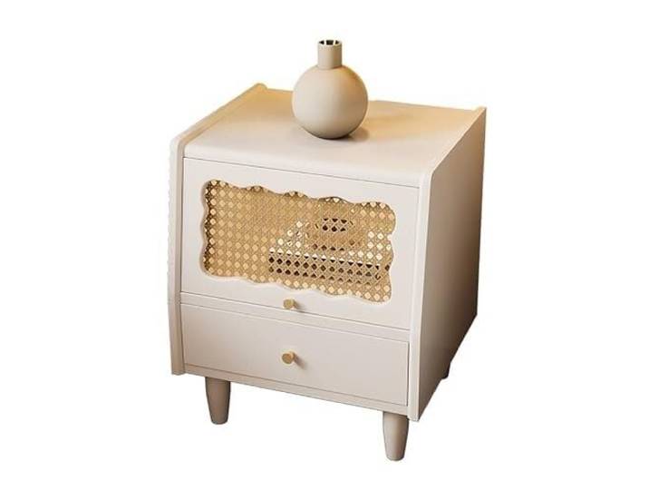 NWSJAXGCPVRT Kirschholz-Nachttisch mit 2 Türen, moderner Beistelltisch für Stabiler Massivholz-Schrank mit Rattan- oder Glastüren. Viel Stauraum(White+rattan Door)