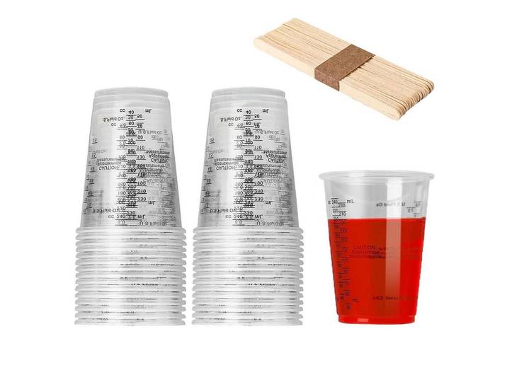 Mischbecher 30 Stück 240 ml mit Holzstäbchen, Transparent, Kunststoff, Backen & Backzubehör, Messbecher