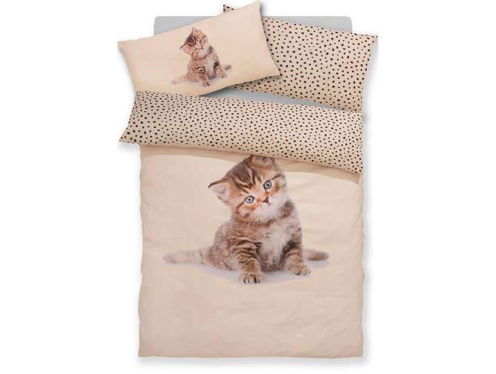 Bettwäsche GOODPRODUCT Lyki , beige (katze), B/L: 135cm x 200cm, 1 Stk., 1 Stk., Microfaser, B/L: 40cm x 80cm, 2 Stk., Microfaser, Obermaterial: 100% Polyester, Bettwäsche, Bettwäsche, ab Grösse 135x200 cm, 100% Polyester, Katze, Pferd, Löwe, Pinguin