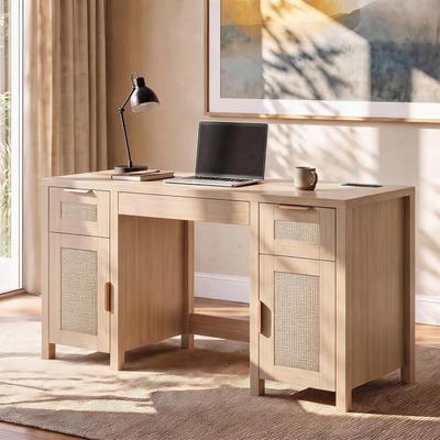 YUN Modern Office Desk with 3 Drawers & 2-Door Cabinet, Ample Storage