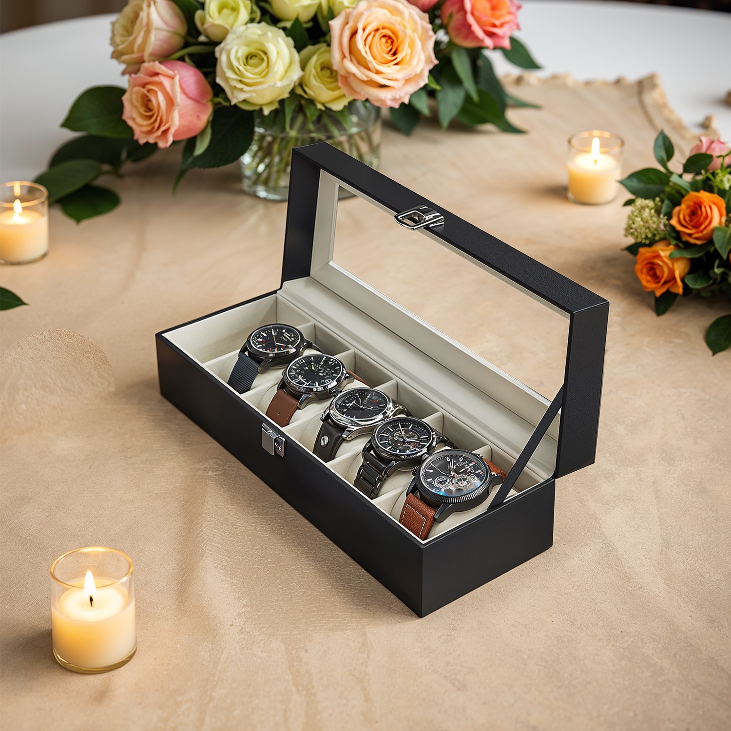 SONGMICS Uhrenbox mit 6 Fächern, Uhrenkasten, Glasdeckel JWBB3506BE