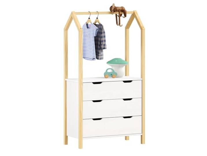 IDIMEX Kinderzimmer Kommode Amira mit Kleiderstange in Hausform - Natur/weiß, 3 Schubladen, integrierte Kleiderstange, Stauraum für Kleidung, Spielzeug, Bücher, Kiefernholz