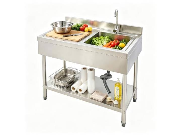100x60x80cm Edelstahl Küchenspüle Wäschespüle Freistehende Mobiler Spüle Mit 360° Drehbarer Wasserhahn Abflussrohr, 300kg Tragfähigkeit, Für Waschküche, Bauernhaus.