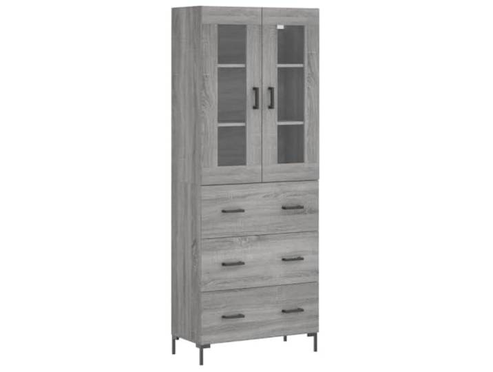 Fisinber Highboard Grau Sonoma 69,5x34x180 cm Holzwerkstoff Schrank Mehrzweckschrank mit Vitrine und Metallfüßen für Wohnzimmer und Essbereich. Viel Stauraum für Geschirr und Dekoration.