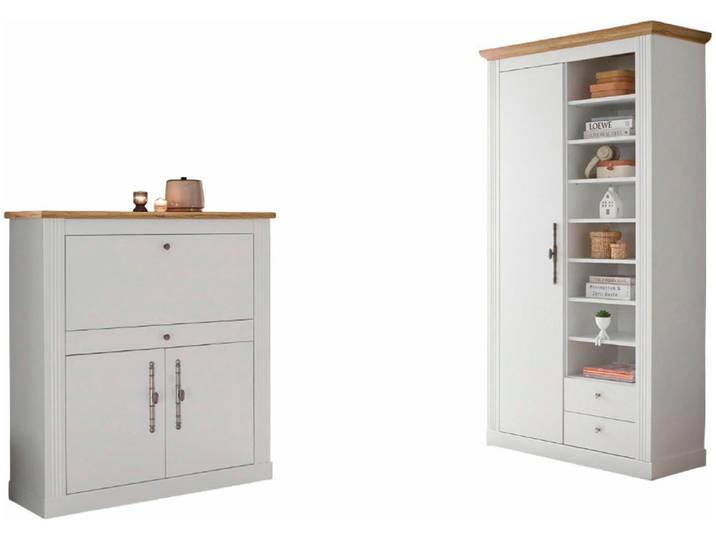 Büromöbel-Set GOODPRODUCT Westminster, wohnliches Home-Office, Büro in zwei Farben verfügbar , weiss (pinie weiß), Holzwerkstoff, Arbeitsmöbel-Sets, Büromöbel-Set, enthält Sekretär und Stauraumschrank im Landhausstil, mit Kabelkanal