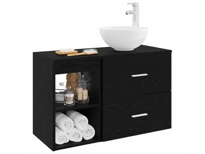 SKTQYQO Badezimmermöbel-Set 2-teilig Eiche Schwarz Technisches Holz, Wandmontage, 1 Einlegeboden, 1 Schublade, mit Waschbecken und Wasserhahn