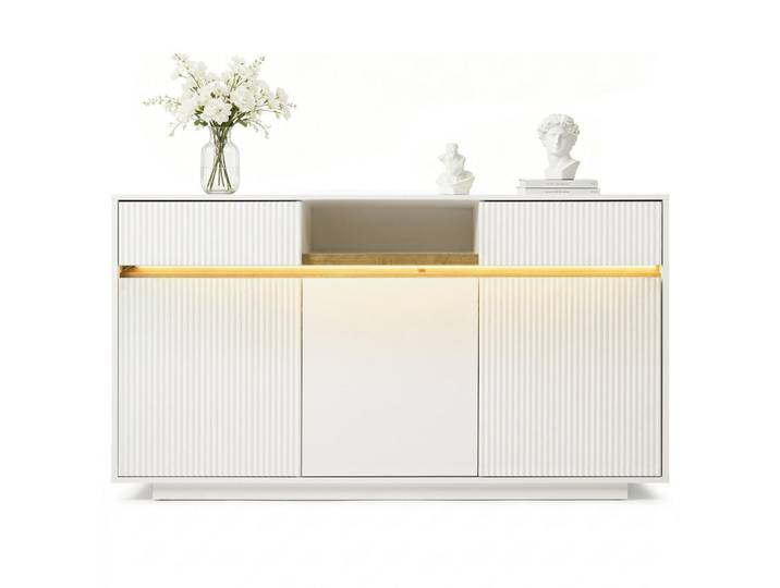 Evryae Sideboard mit LED-Beleuchtung, Schubladen, Klapptüren & verstellbaren Böden Weiß Standardgröße Holzwerkstoff, 3 Fächer, 2 Schubladen, Rechteckig,Rechteckig, 140x85x40 cm, Kleinmöbel, Kommoden, Sideboards