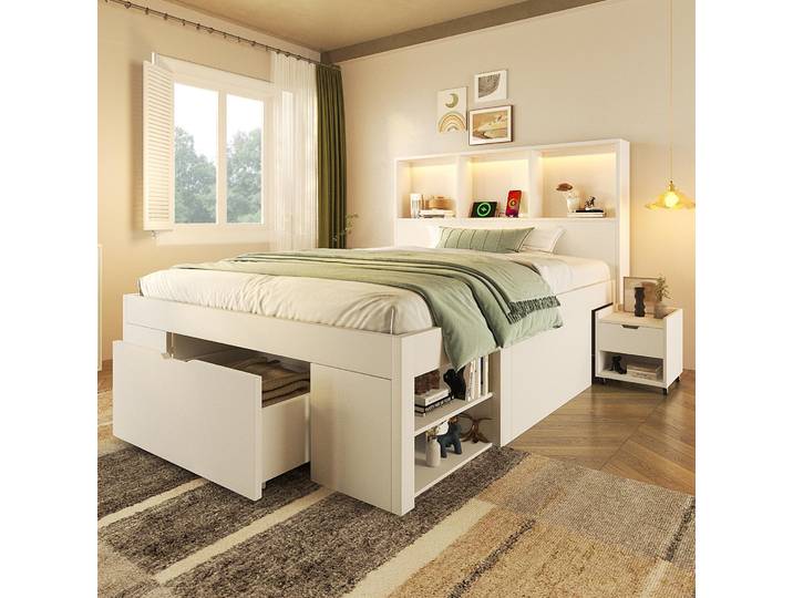 STILVORA Funktionsbett 90x200 cm mit Stauraum und beweglichem Nachttisch, Einzelbett mit LED-Beleuchtung und USB-C Ladefunktion, Jugendbett mit Schubladen und Regalen, Weiß