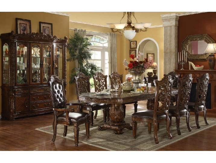 JVmoebel Esszimmer-Set Barocke Esszimmer-Garnitur aus Holz, Leder und Glas in Braun, (Esszimmer-Set, Küchen-Set), Made in Europa