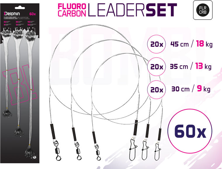 Delphin Lot des fils fluorocarbon BOMB! Avec émerillon et agrafe 60ks/30,35,45cm/9,13,18kg Beige, Gray 60ks/30,35,45cm/9,13,18kg