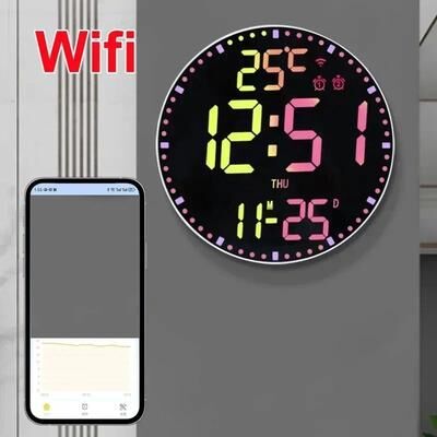 On Spot Shop Smart WiFi Colorful LED Large Digital Wall Clock, Temperature Date Week Display, Dual Alarms, Remote Control, Home Decor wifi White Black