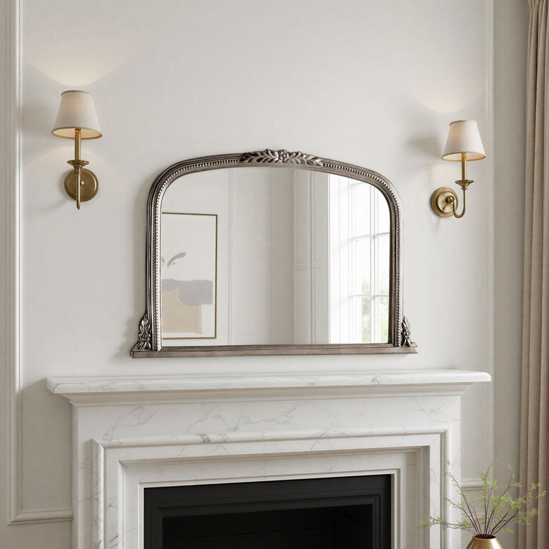 Astoria Grand Arched Beaded Kalmar Overmantle Mirror Silver 66.04cm H X 101.6cm W X 4cm D
