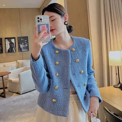 Short Mixtures Jacket Women, Half Blue Tweed Wool Blend Coat, Medium Fashion , Style High Quality Clothing l