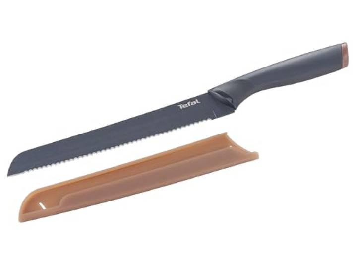 Tefal K12218 Fresh Kitchen Brotmesser 20 cm Klinge aus Edelstahl mit titanverstärkter Antihaftbeschichtung ergonomischer Griff inkl. farbiger Schutzhülle spülmaschinenfest Schwarz/Braun