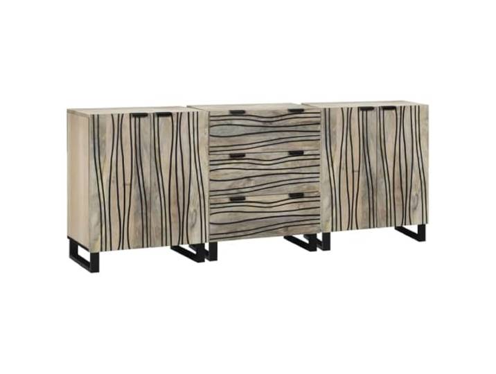 ZQQLVOO Sideboard Set 3 Pieces White 180 x 33 x 75 cm Solid Mango Wood CNC Wave Pattern, Doors and Drawers, Sturdy Mango Wood, Indoor Use, Modern Style