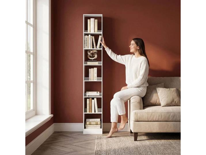 Étagères Étroites à 7 Niveaux Bibliothèque Verticale Meuble de Rangement Étagère Ouverte Cadre Blanc