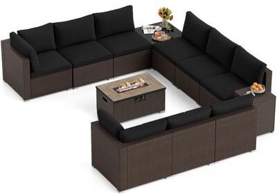 Costway Outdoor PE Rattan Conversation Set with 32” Propane Fire Pit Table and Tank Holder-Black