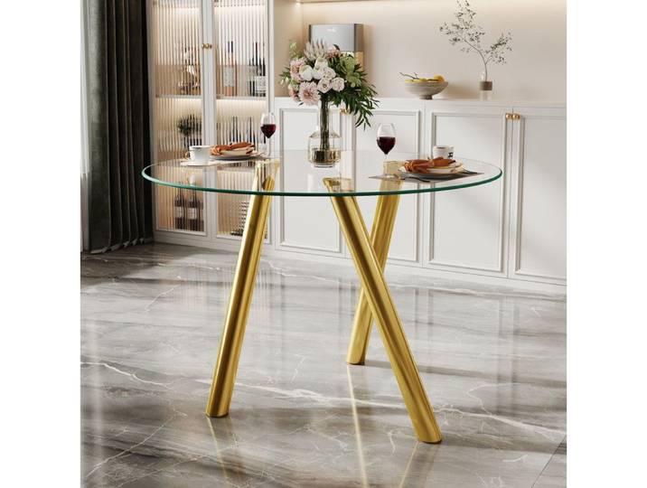 Table à manger ronde en verre trempé avec pieds métalliques dorés design moderne pour salle à manger 89×89×76 cm