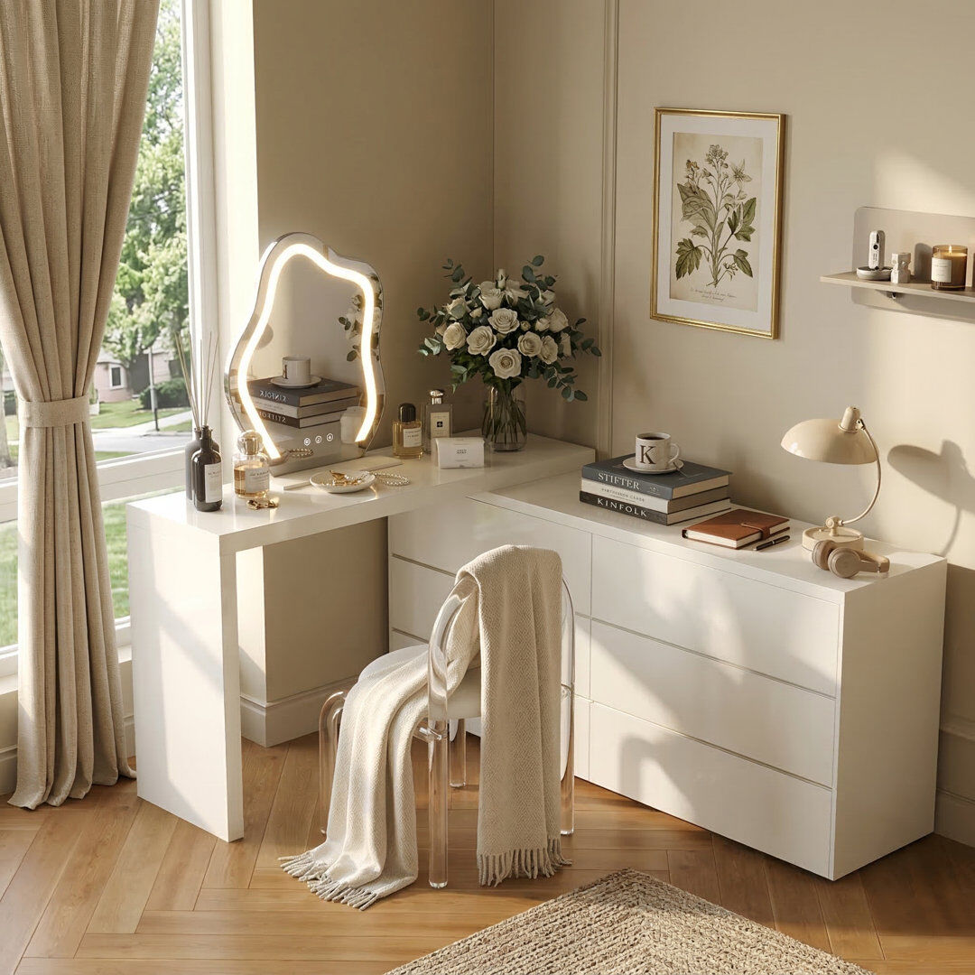 Orren Ellis Cream Vanity Extendable Vanity Table with 6 Drawers Modern Home Fully Assembled White 75cm H X 120cm W X 40cm D