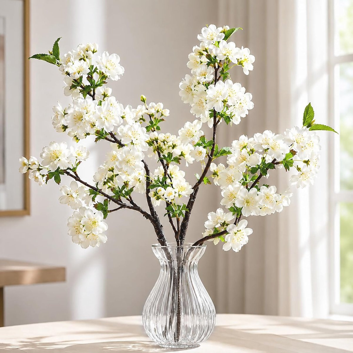 SnelShoppen Set van 3 kunstmatige kersenbloesemtakken, Wit, 49 cm