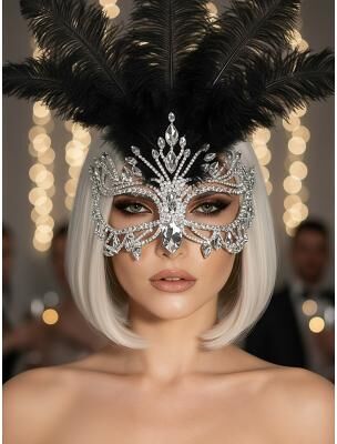 LightInthebox Women's Crystal Feather Masquerade Mask - Luxury Rhinestone Party Mask with Black Plumes for Masquerade Ball, Costume Party or Carnival Event