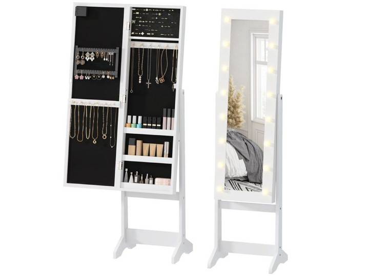 VVBV ARMOIRE A BIJOUX sur Pied Meuble Rangement avec Miroir et 16 LED Inclinable 3 Niveaux 36x30x136cm Blanc